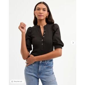 Veronica Beard Top Women Medium Coralee Puff Sleeve Black Henley Classic Feminin